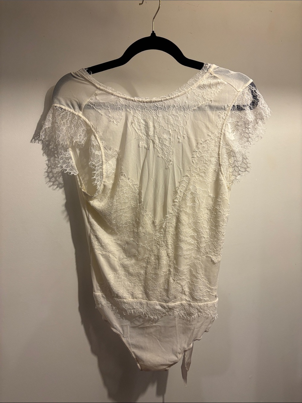 Free People Ivory Lace-Trim Chemise Bodysuit with Satin Ties (Never Worn)